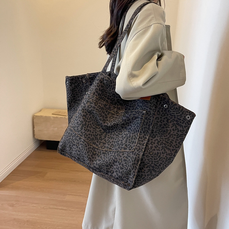 Women'S Work Bags Tote - Leopar Desenli Bez Çanta Vintage Kanvas