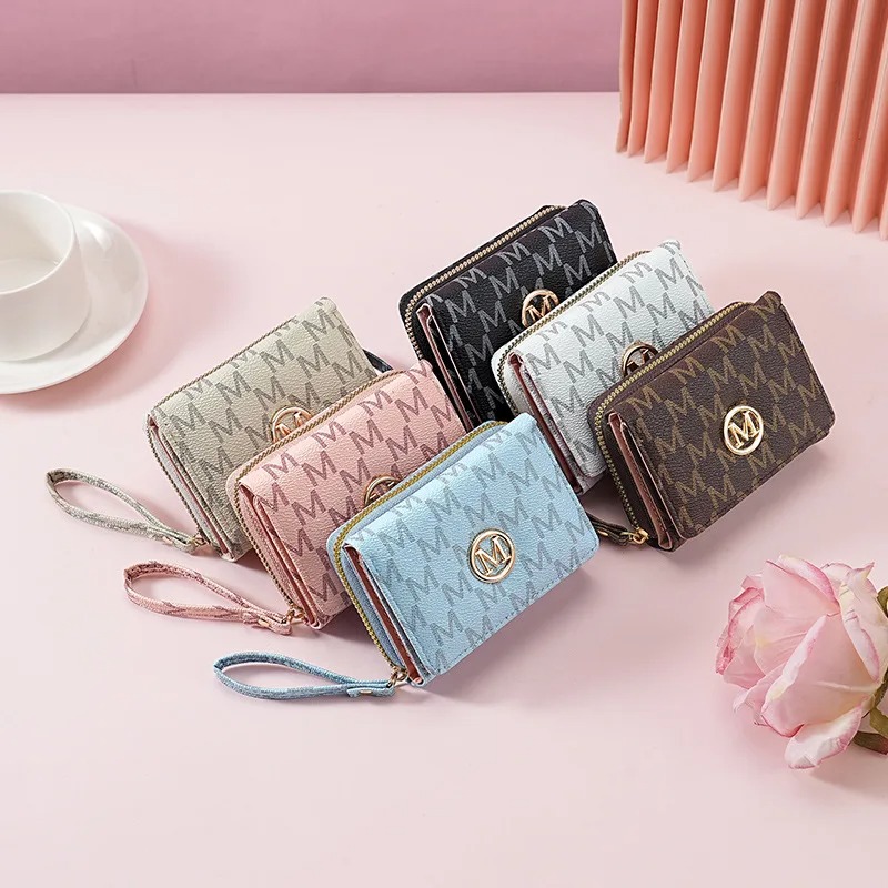 Women Bags And Purses - Üç Katlı Fermuarlı Cüzdan, Harf Desenli,