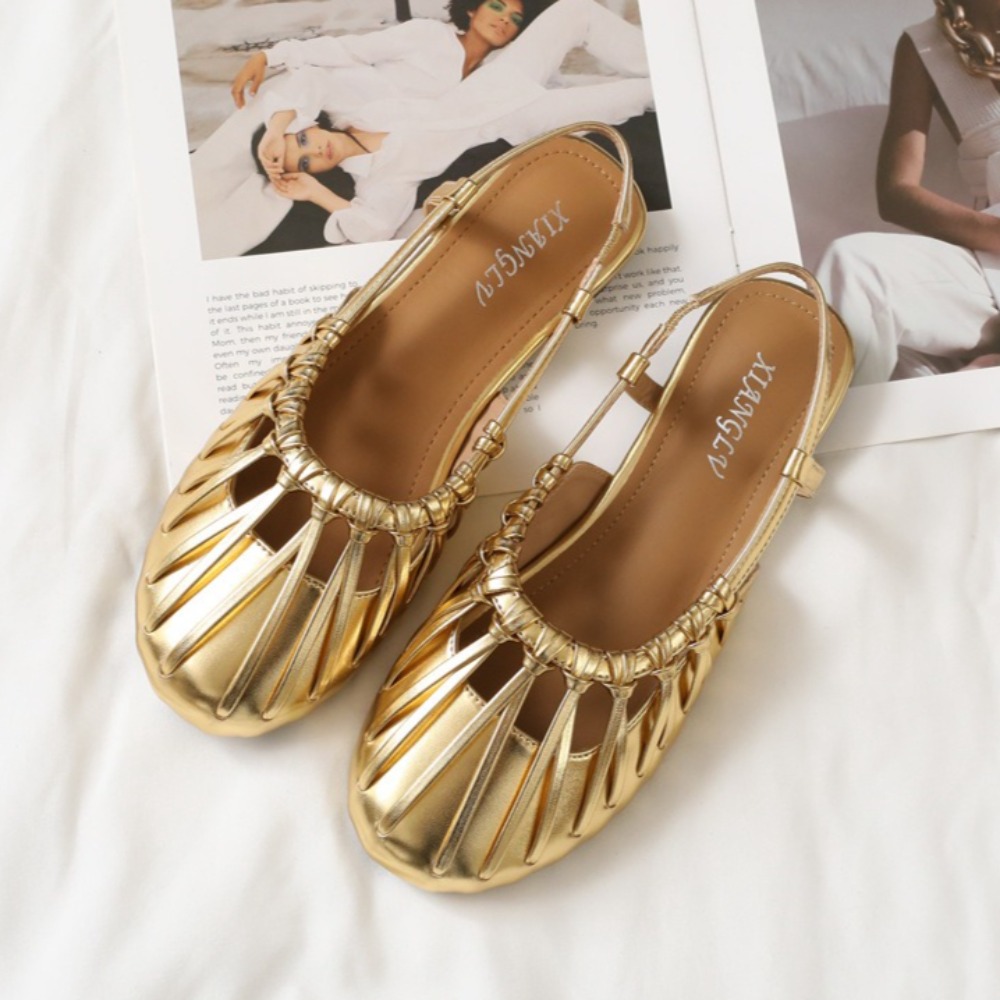 Women Bags And Shoes - Kadın Düz Sandalet Fransız Dokuma Askılı