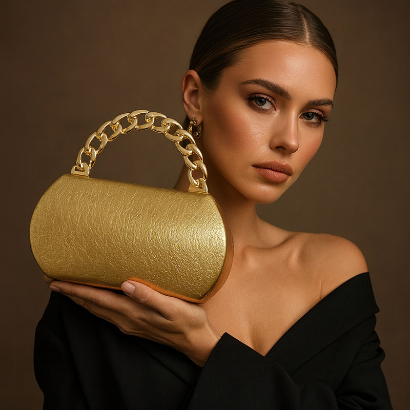 Women Bags Gold - Lüks Altın Metal Tokalı Kutu Çanta