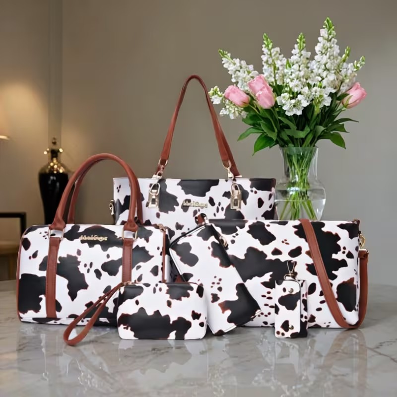 Women'S Crossbody Bags - 6 Parçalı PU Moda İnek Desenli