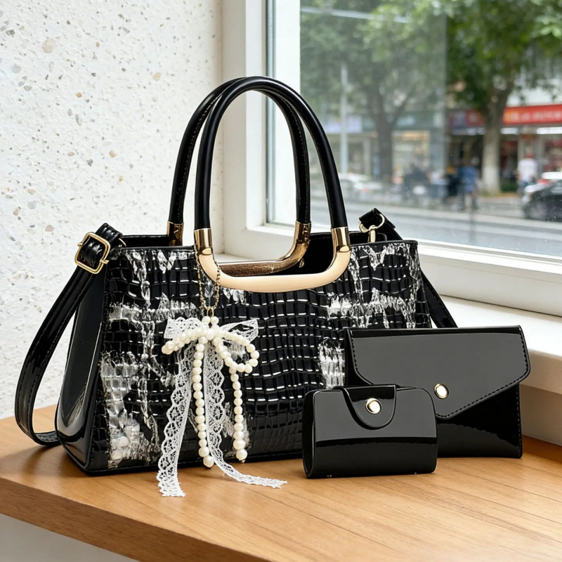 Women'S Crossbody Bags - Kadın Çanta Seti, Timsah Desenli Gece