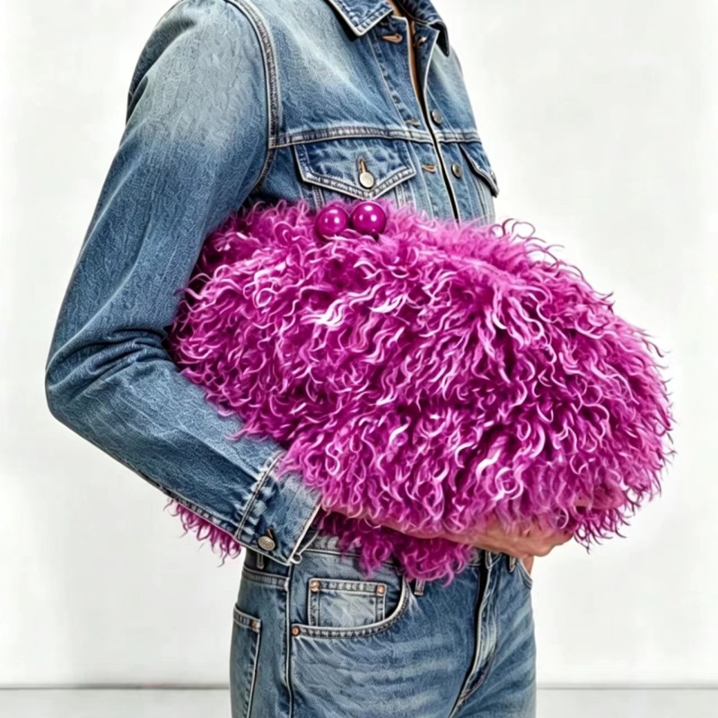 Women Bags Grey - Kadınlar için Kisslock Suni Kürklü Çanta,
